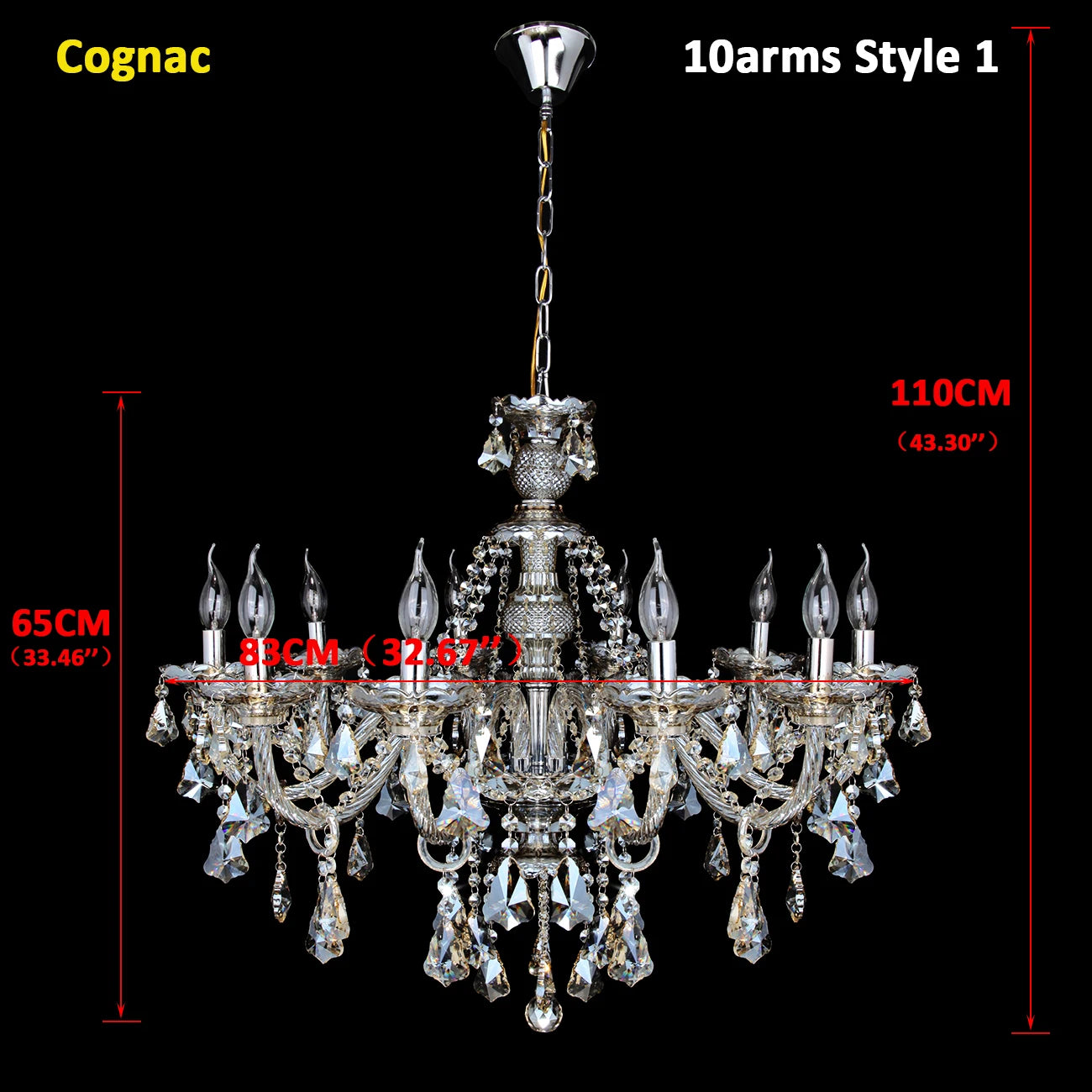 TRY-YEAN Vintage Crystal 10 Arm Cognac Chandelier Classic K9 Crystals Drop Pendant Lighting for Living Room Bedroom Hallway E14