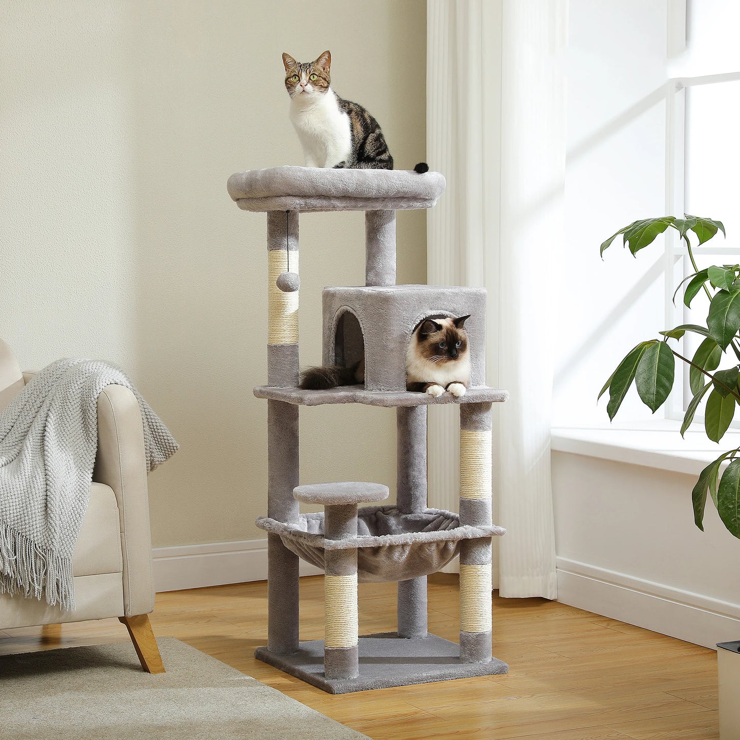 Arbre à chat à plusieurs niveaux avec hamac, condo pour chat, tour pour chat pour grattoir d'intérieur, poteaux à gratter pour chats, maison pour chaton, lit, jouets pour chats