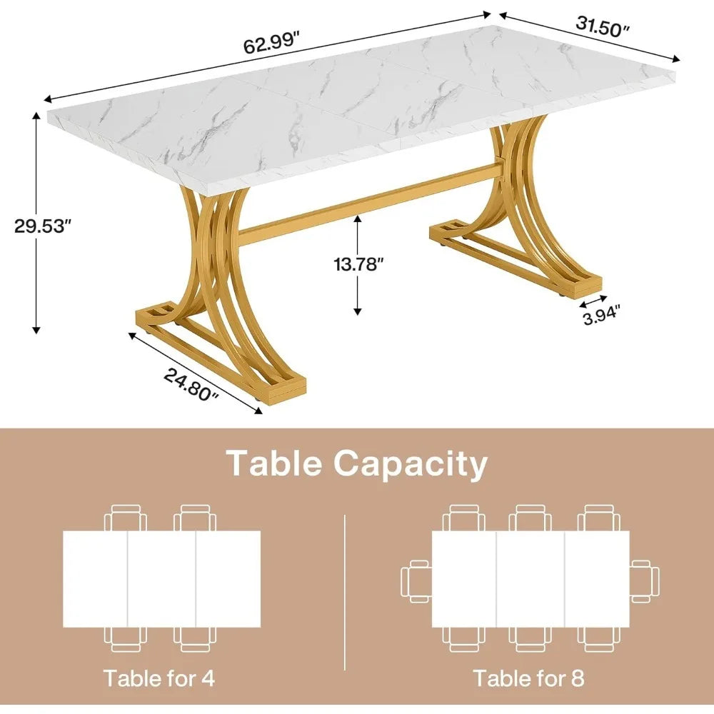 Table à manger rectangulaire de 63 pouces pour 4 à 6 personnes, table de cuisine moderne avec pieds en métal élégants, grandes tables à manger pour salle à manger