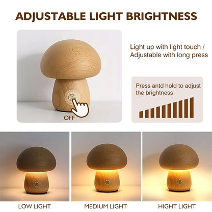 LED Wooden Cute Mushroom Night Light Portable Dimmable Bedside Lamp with USB Charging Mushroom Table Lamp for Home Decor