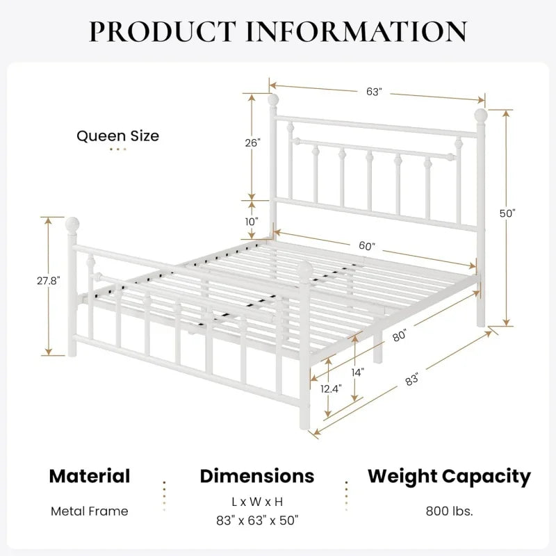 Cadre de lit plateforme en métal Queen Size de 14 po / tête de lit et pied de lit victoriens / sommier à lattes en acier pour matelas de rangement