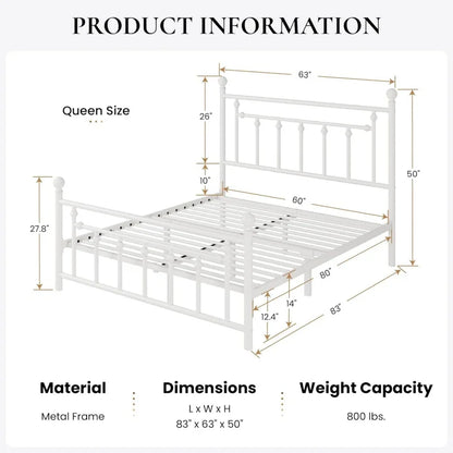 14'' Queen Size Metal Platform Bed Frame/Victorian Headboard And Footboard/Steel Slats Mattress Foundation For Storag