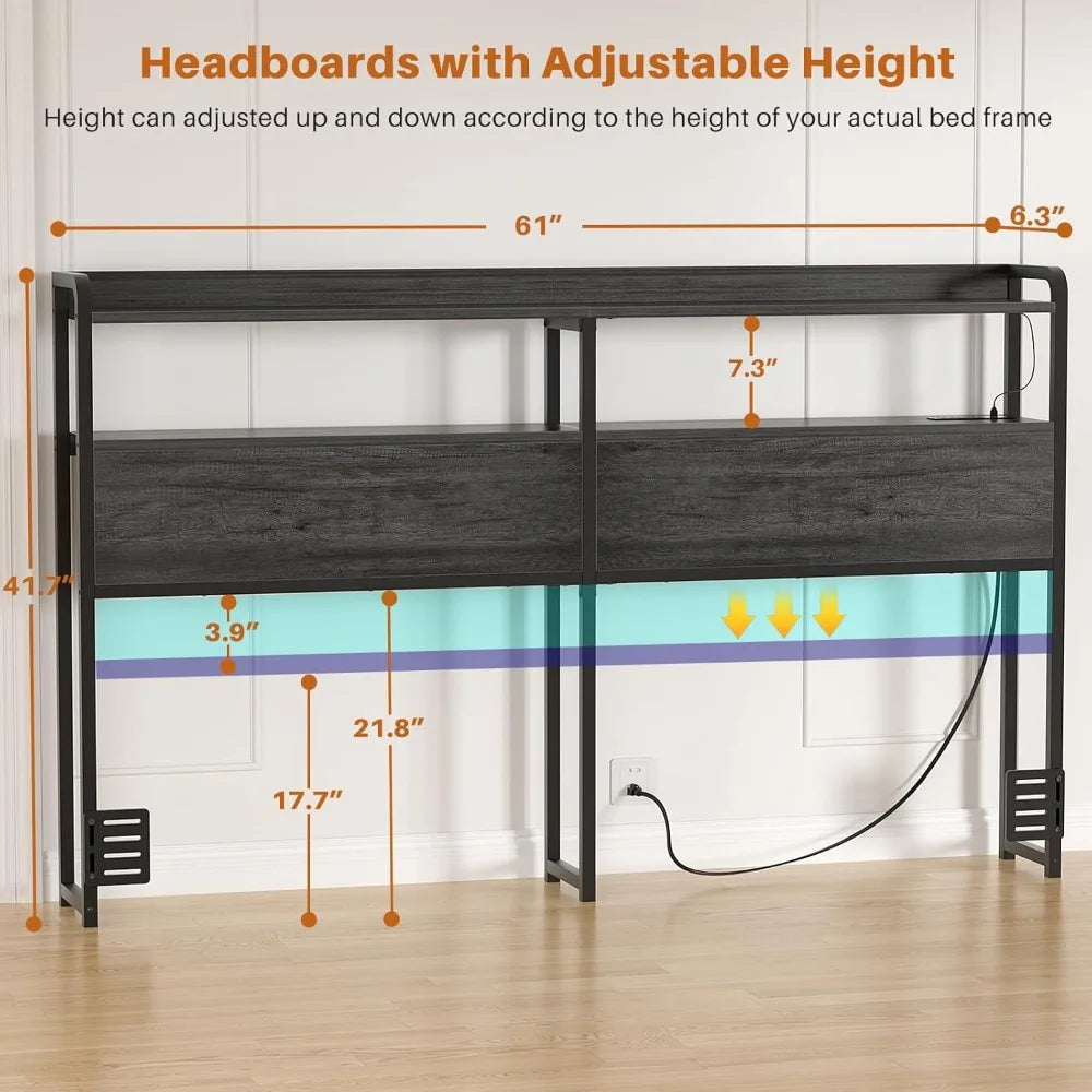 Cabecero para cama Queen Size, Cabeceros con Tomacorrientes, Puertos USB y Luz LED, Cabecero con Almacenamiento, Altura A