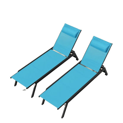 Outdoor Aluminum Lounge Chair 2 Piece Set with 5 Position Adjustable Backrest, Textilene Fabric, Headrest, Turquoise Lounger