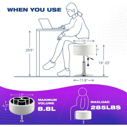 Tabouret de coiffeuse avec rangement, chaise de coiffeuse en cuir PU réglable en hauteur de 19" à 23", tabouret de maquillage pivotant à 360° avec plateau amovible