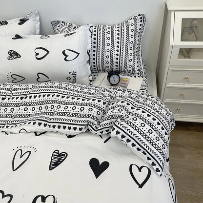 Euro Black White Love Heart Bedding Set Simple Bed Linen Duvet Cover for Couple Adult Bedspread and Pillowcase Sheet