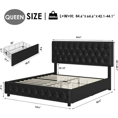 Lit Queen Size, avec 4 tiroirs de rangement, lit plateforme en similicuir, support à lattes en bois massif, lit rembourré moderne