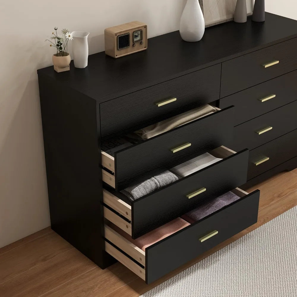 8 Drawer Wood Lateral Dresser, Big Wide Chest of Drawers Storage Organizer with Metal Gold Handles Home Bedroom (Black)