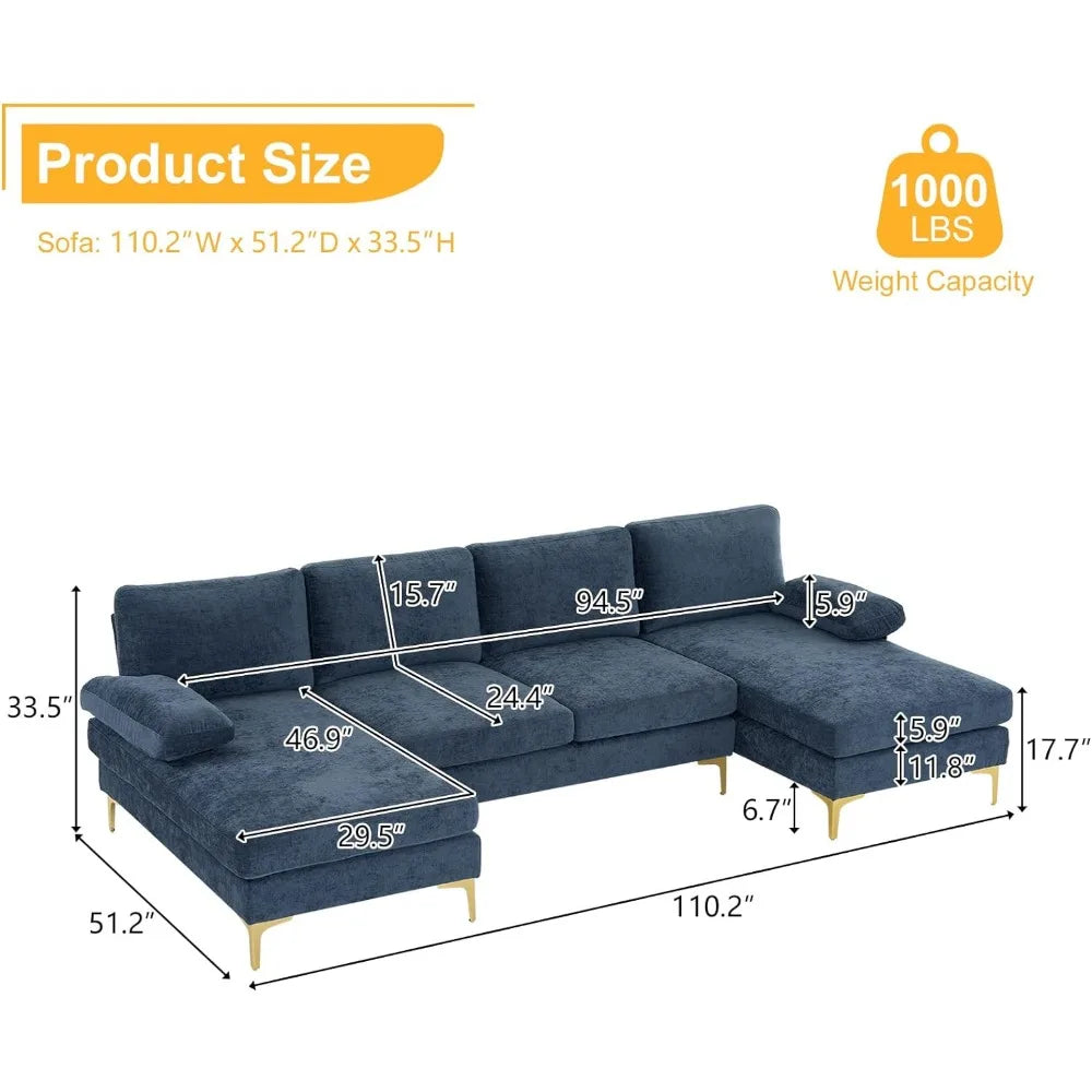 Convertible Sectional Sofa with Chaise Chenille Fabric Upholstered for Living Room, 110" U-Shape Sofa Couch 4-Seat Couch