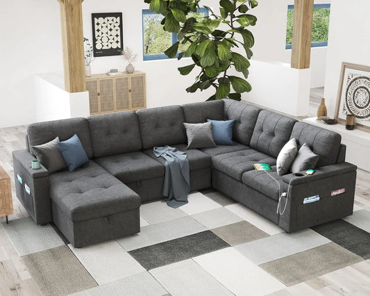 Sleeper Sofa, Pull Out Sofa Bed with Dual Storage Chaise, Sofa Bed with USB Ports & Cup Holders