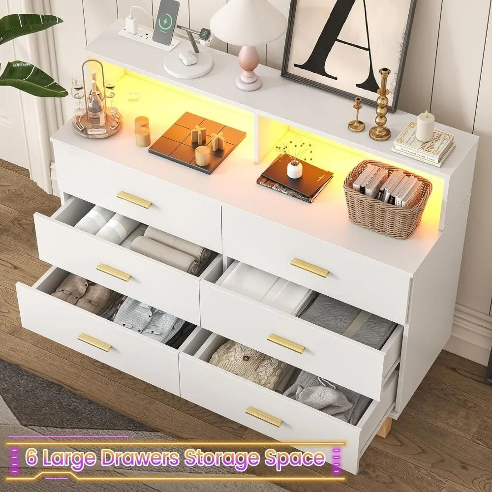 Commode à 6 tiroirs pour chambre à coucher, commode avec lumière LED et prise de courant, grande commode large pour armoire de rangement pour chambre à coucher