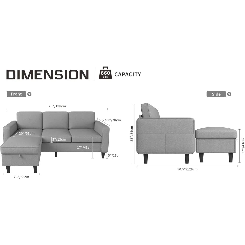 Convertible Sectional Sofa, 78" L-Shaped Couches for Living Room 3-Seater Small Sofas with Storage Ottoman