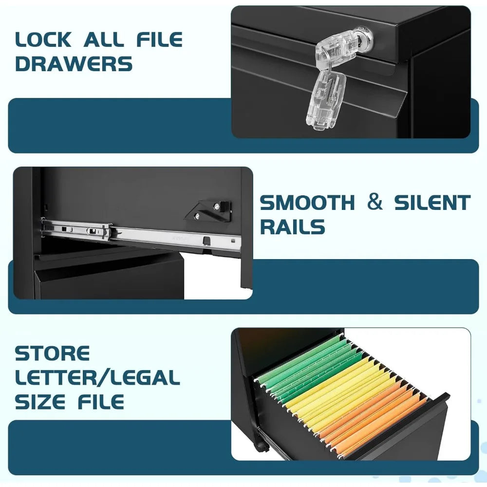 File Cabinet 3 Drawers on Wheels Under Desk, Black Metal Rolling File Cabinets with Lock for Home Office