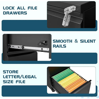 File Cabinet 3 Drawers on Wheels Under Desk, Black Metal Rolling File Cabinets with Lock for Home Office