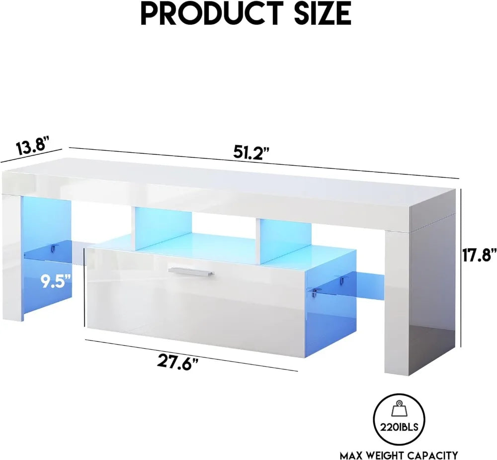 Meuble TV blanc moderne pour téléviseur 32/40/50/55+ pouces, console TV centrale de divertissement, support de table TV en bois clair LED 16 couleurs