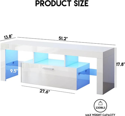 Meuble TV blanc moderne pour téléviseur 32/40/50/55+ pouces, console TV centrale de divertissement, support de table TV en bois clair LED 16 couleurs