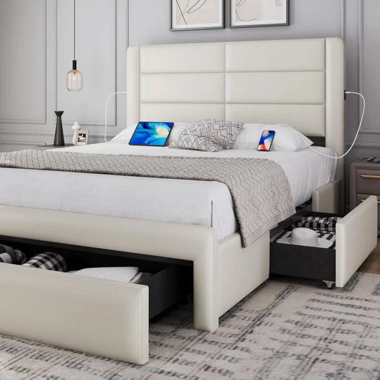 Queen Size Bed Frame With 2 USB Charging Station/Port For A&Amp;Type C/3 Storage Drawers, Leather Upholstered Pla