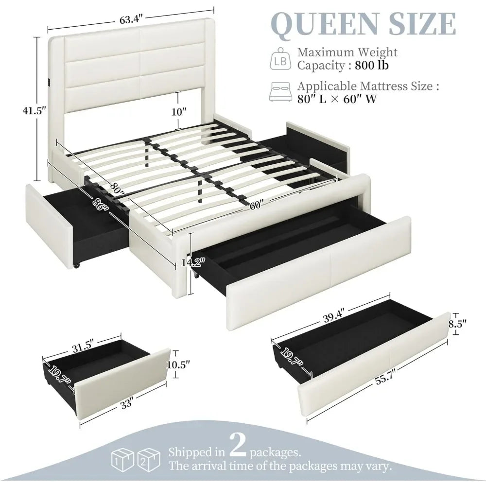 Queen Size Bed Frame with USB Charging Station/Port Storage Drawers,Leather Upholstered Platform Bed with Headboard86Lx63Wx41.5H