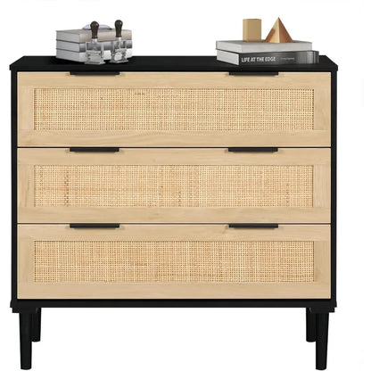 3 Drawer Dresser for Bedroom, Rattan Dresser Modern Closet Dressers Chest of Drawers, Wood Black 3 Drawer Storage Chest