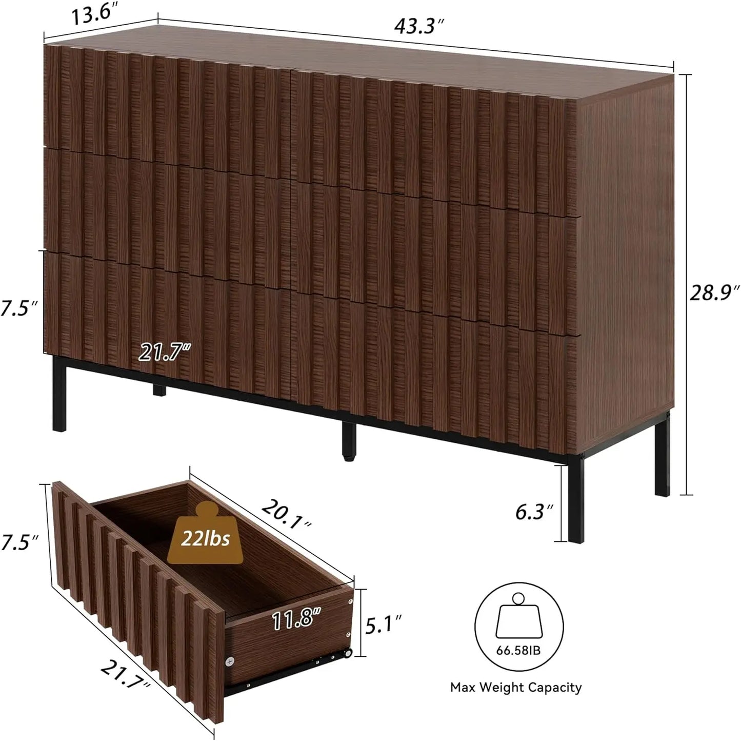 Commode moderne du milieu du siècle, commode en bois naturel, commode à 4/6 tiroirs avec support en métal, commode de rangement d'appoint