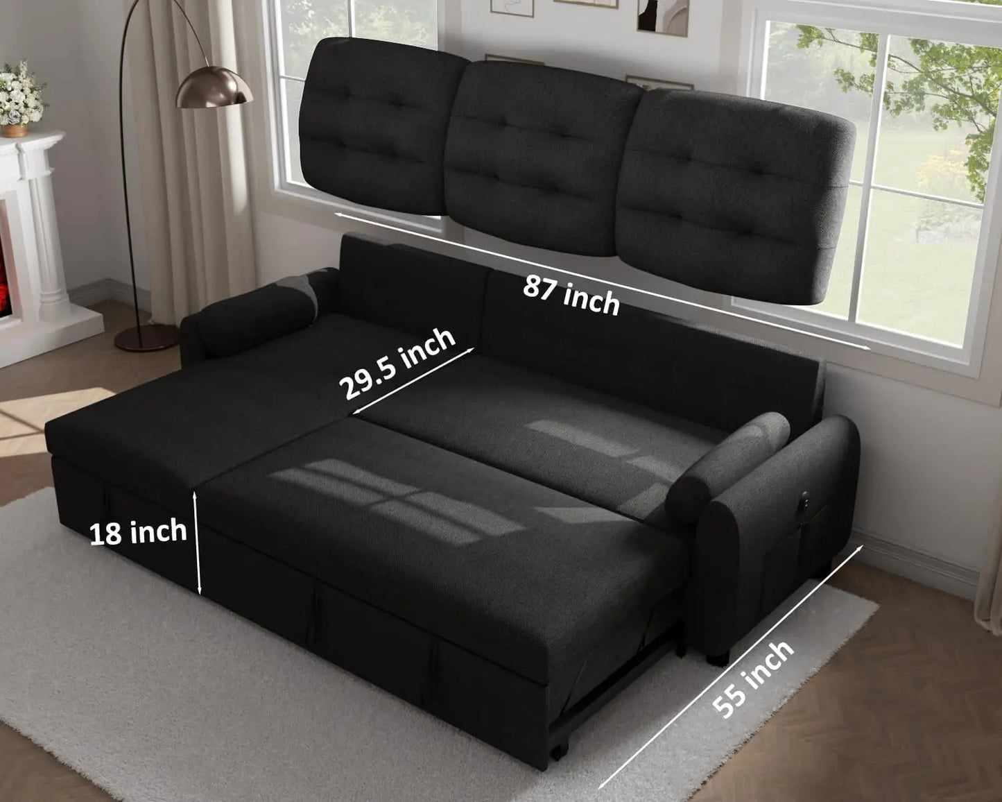 Sectional Sofa Couch, Sleeper Sofa Bed with Reversible Storage Chaise Pull Out Couch | Charging Station | Removable Backrest