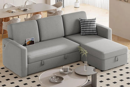 Sectional Sofa Couch Bed W/Chaise & USB, Reversible Couch Sleeper W/Pull Out Bed & Storage Space, Pull Out Couch, Sofa Bed