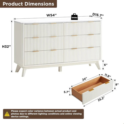 Fluted 6 Drawers Dresser, 54" Wide Modern Chest of Drawers with Faux Marble Top, Curved Profile Design, Dresser TV Stand, Wood