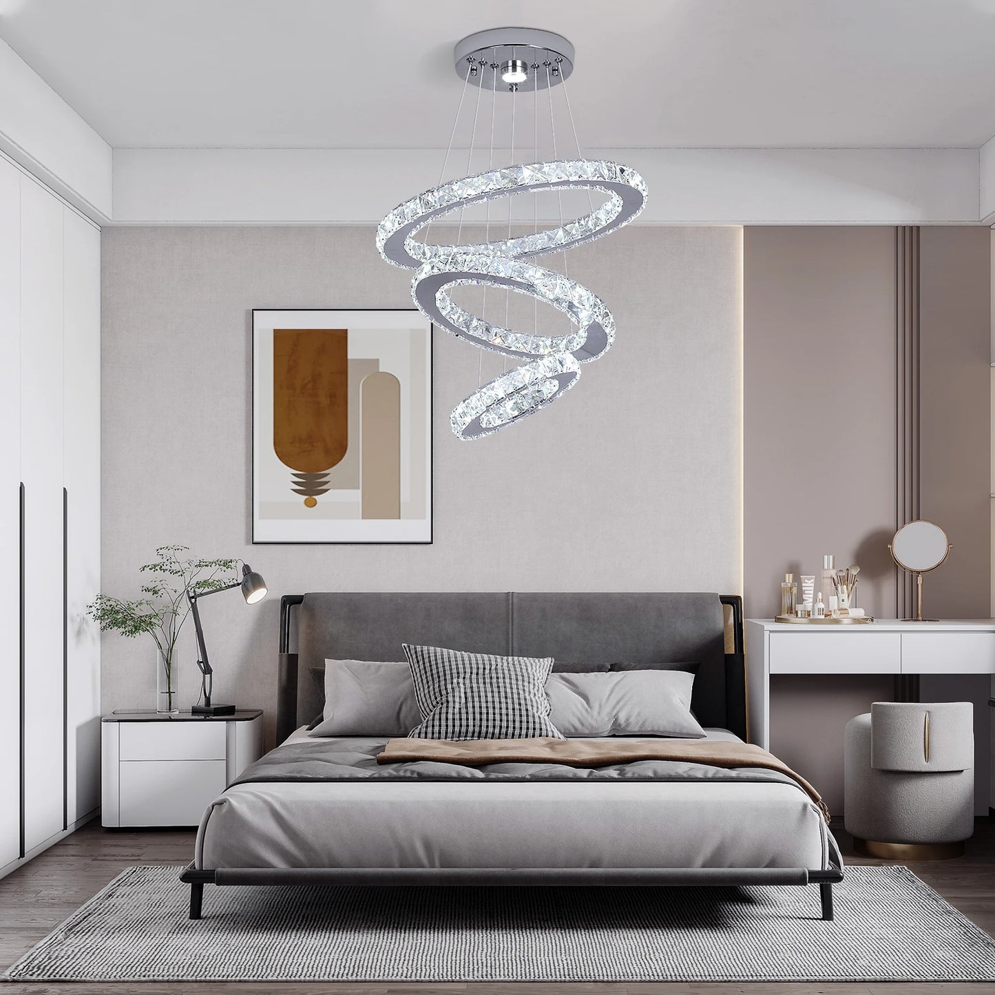 Lámpara de araña de cristal moderna, lámpara colgante con atenuación LED cromada para sala de estar, lámpara colgante ajustable para dormitorio con control remoto