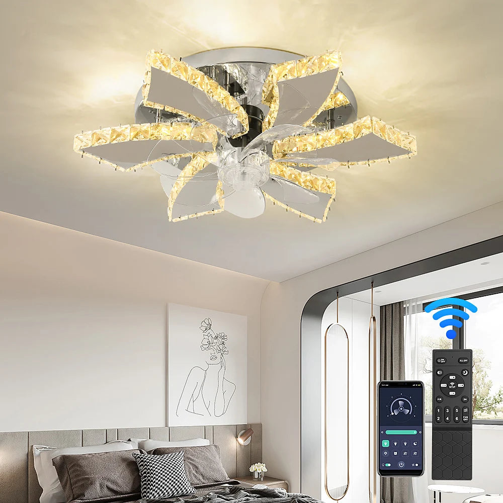 Modern Chandelier Ceiling Fan With Led Lamp Smart Remote Control Crystal Dining Room Fixtures Pendant Hanging Light Porch Lustre