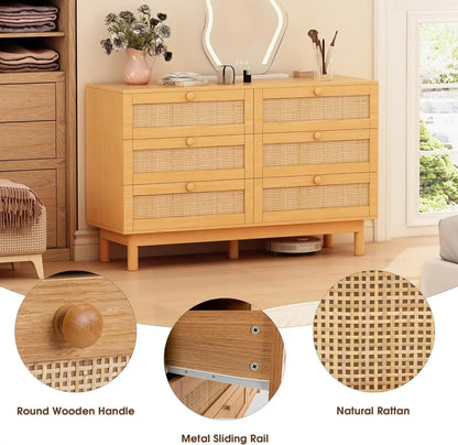 6 Drawer Rattan Dresser for Bedroom, Modern Wooden Chest of Dressers with Spacious Storage, Beside Table for Closet, Entryway