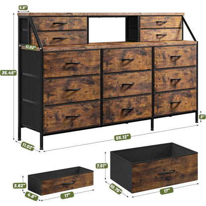 Commode noire de 55 po de largeur, commode pour chambre à coucher, commode avec 13 grands tiroirs, commode longue pour placard avec 2 étagères