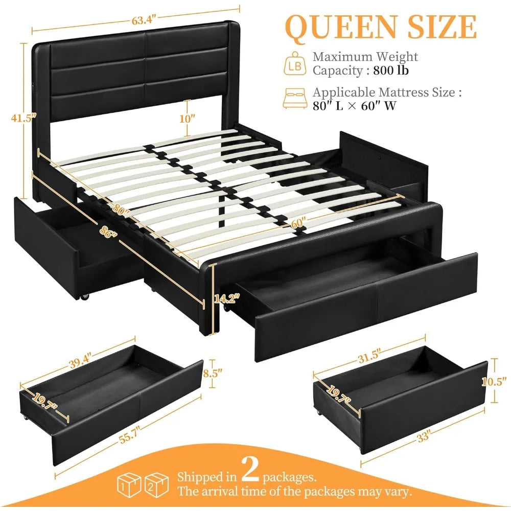 No Box Spring Needed Platform Bed Bases & Frames Leather Upholstered Headboard 3 Storage Drawers Bed Foundation Frame Black Home