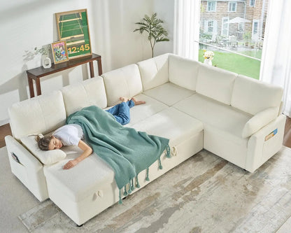 Fashionable Sofa Bed,Oversized U Shaped Couch with Storage Chaise, Pull Out Couch for Living Room, White Boucle Sofa Couch