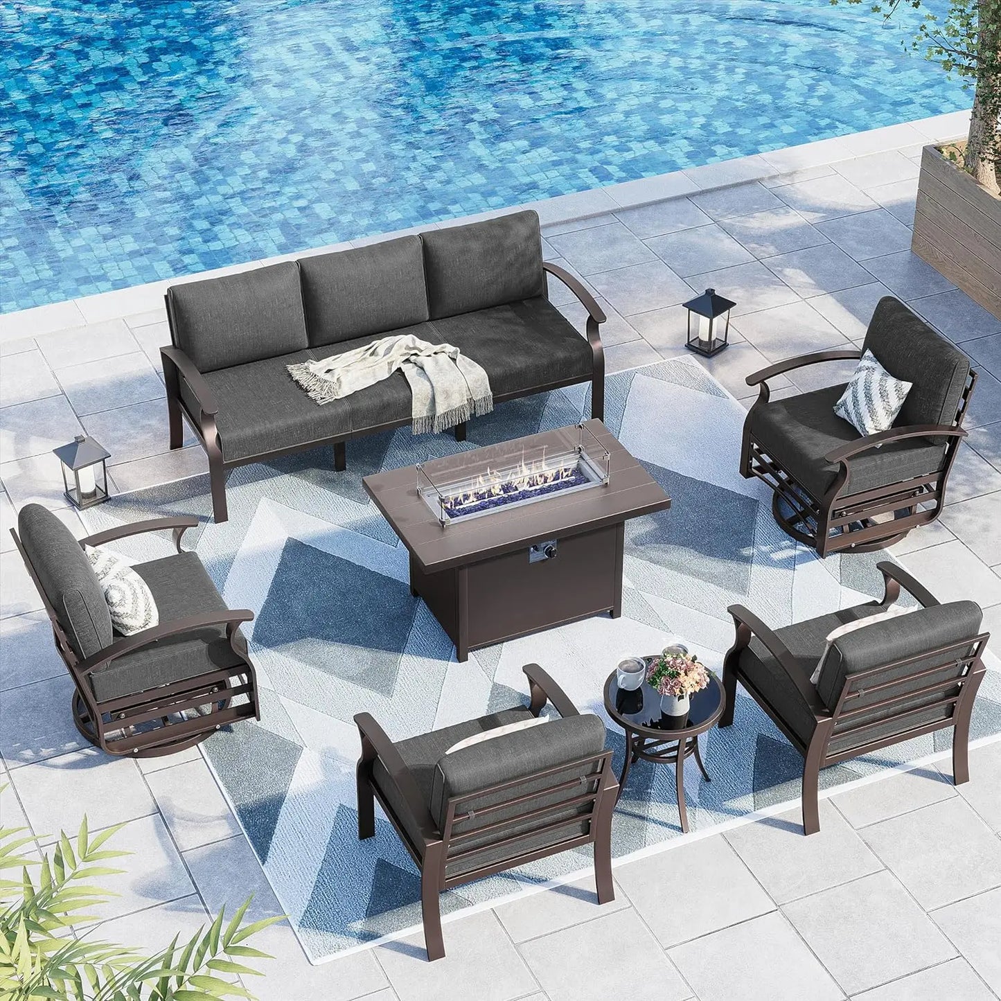 Aluminum Patio Furniture Set 7 Seater Modern Metal Outdoor Conversation Set, Swivel Chair Terrace Sectional Sofa, 5.1" Cushions