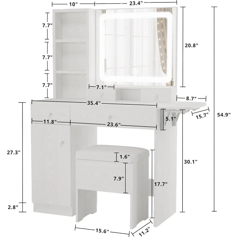 Commode, tiroirs et miroirs éclairés par LED, prises de courant et armoires, tabourets de rangement, housses de table de maquillage de chambre élégantes - meubles