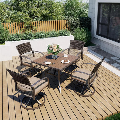 5 Piece Outdoor Dining Set, Rattan Outdoor Patio Furniture Set for Deck Backyard with Plastic-Wood Outdoor Dining Table