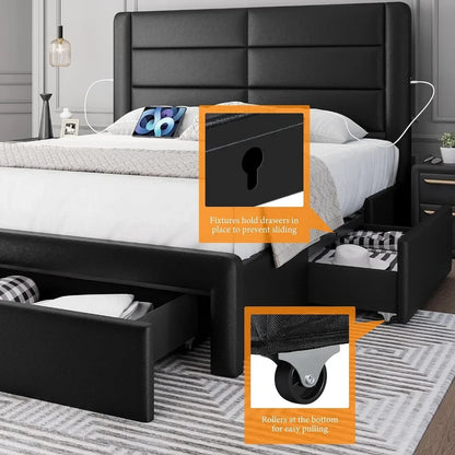 Marco de cama grande con plataforma de cojín de cuero y cabecera, cama con cajón de almacenamiento con puerto/estación de carga USB 86L x 63.5W x 41.5H