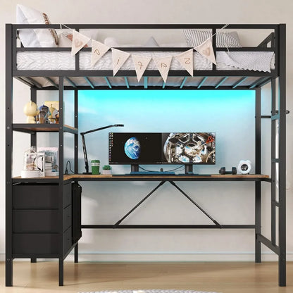 Lit mezzanine avec bureau en L, lumières LED, station de charge, cadre de lit mezzanine à LED, taille double, avec 3 étagères de rangement et 3 tiroirs en tissu