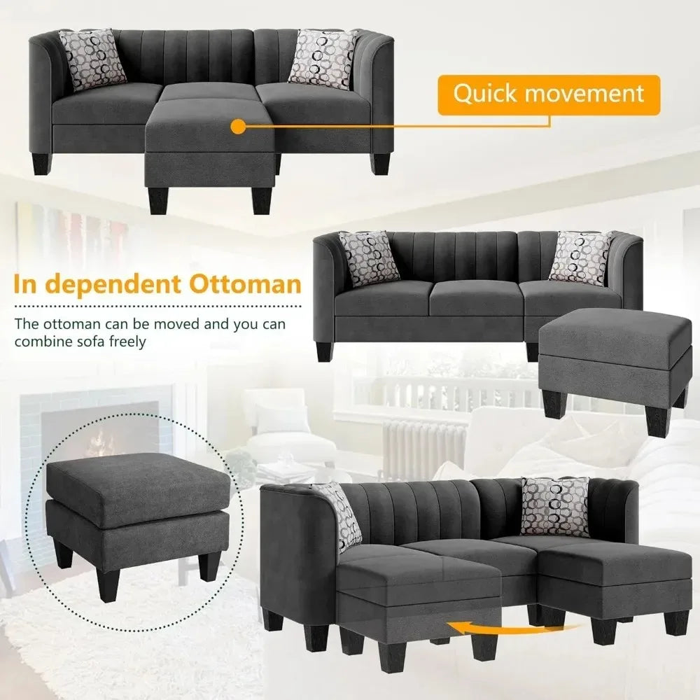 Upgraded Convertible Sectional Sofa Couch, 3 Seat L Shaped Sofa With High Armrest Linen Fabric Small Couch For Living Room,Black