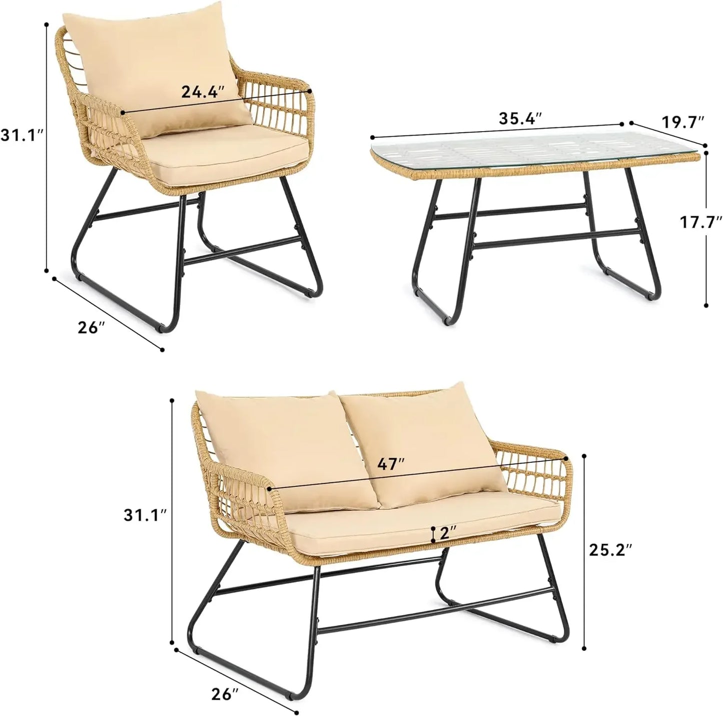 4-Piece Patio Furniture Wicker Outdoor Bistro Set, All-Weather Chairs , Balcony and Deck with Soft Cushions and Metal Table