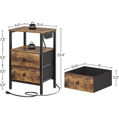 Ensemble de 2 tables de nuit, table d'appoint avec station de charge et ports USB, tables d'appoint avec 2 tiroirs et étagères de rangement