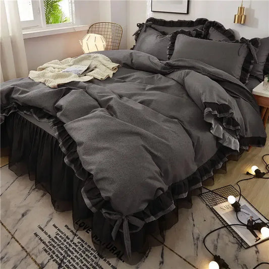 Falda de cama estilo princesa de cuatro piezas con encaje negro de estilo moderno para jardín, juego de cama de 1,5/1,8 m, juego de edredón para cama