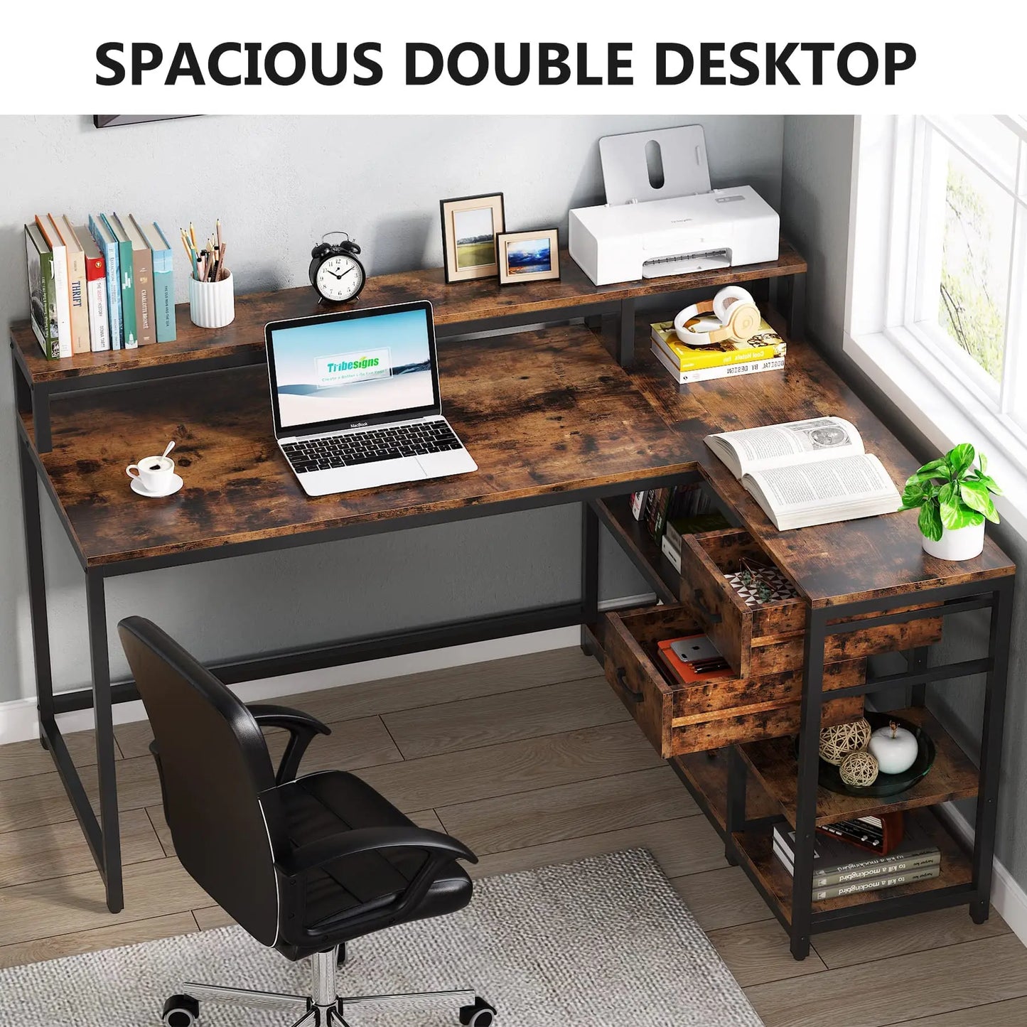 Tribesigns Reversible L Shaped Desk with Drawer, Industrial Corner Desk Home Office Table with Shelves and Monitor Stand