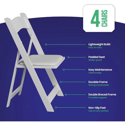 4 White Resin Stackable Folding Chairs, with Padded Seats, Indoor/Outdoor Folding Chairs Lightweight Foldable (4 Pack)