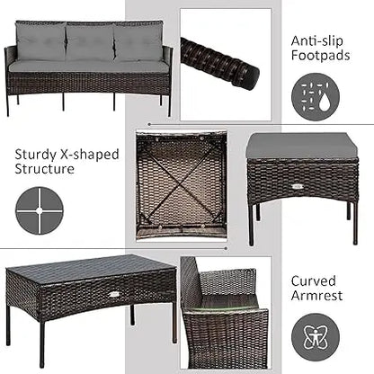 3/5-Piece Outdoor PE Rattan Furniture Set Patio Black Wicker Conversation Loveseat Sofa Sectional Couch Khaki Cushion outdoor