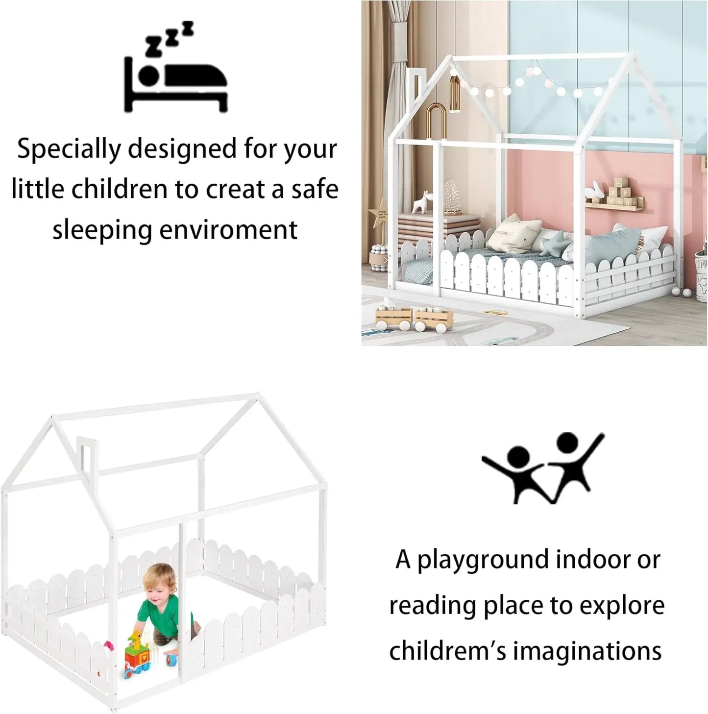 Lit de maison pleine grandeur pour enfants, lit Montessori pleine grandeur avec cadre de lit en bois en forme de clôture pour tout-petits, pour filles et garçons