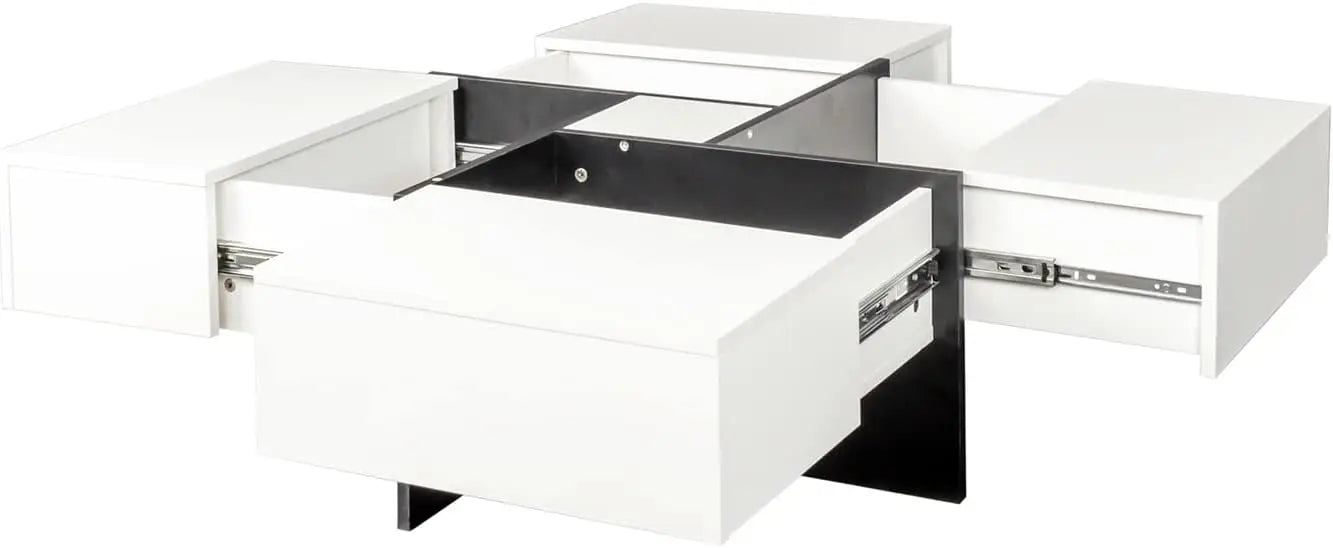 Mesa de centro moderna Furnnylane con 4 cajones, mesa de centro cuadrada con espacio de almacenamiento para sala de estar, color blanco