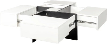 Table basse moderne Furnnylane avec 4 tiroirs, table basse carrée avec rangement pour salon, blanc