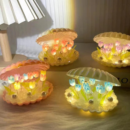 Lampe cube miroir tulipe à faire soi-même, simulation de fleur, lampe de table de chambre à coucher, petite veilleuse tulipe faite à la main, paquet cadeau