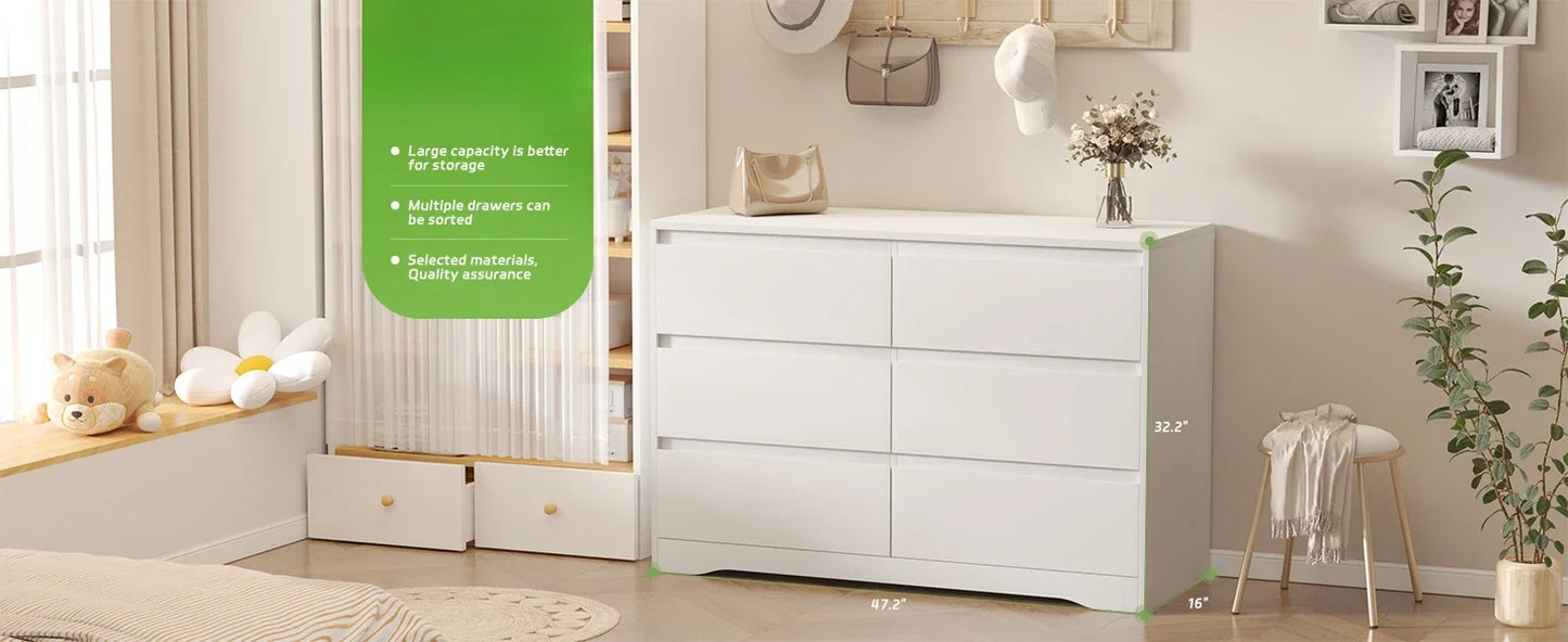 White Dresser with Deep Drawers, Modern 6 Drawer Dresser for Bedroom, Large Wooden Dresser for Bedroom